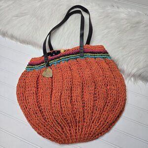 MaggiB Handbag Woven Straw Rattan Pumpkin Orange Polka Dot Lining Purse Bag  EUC